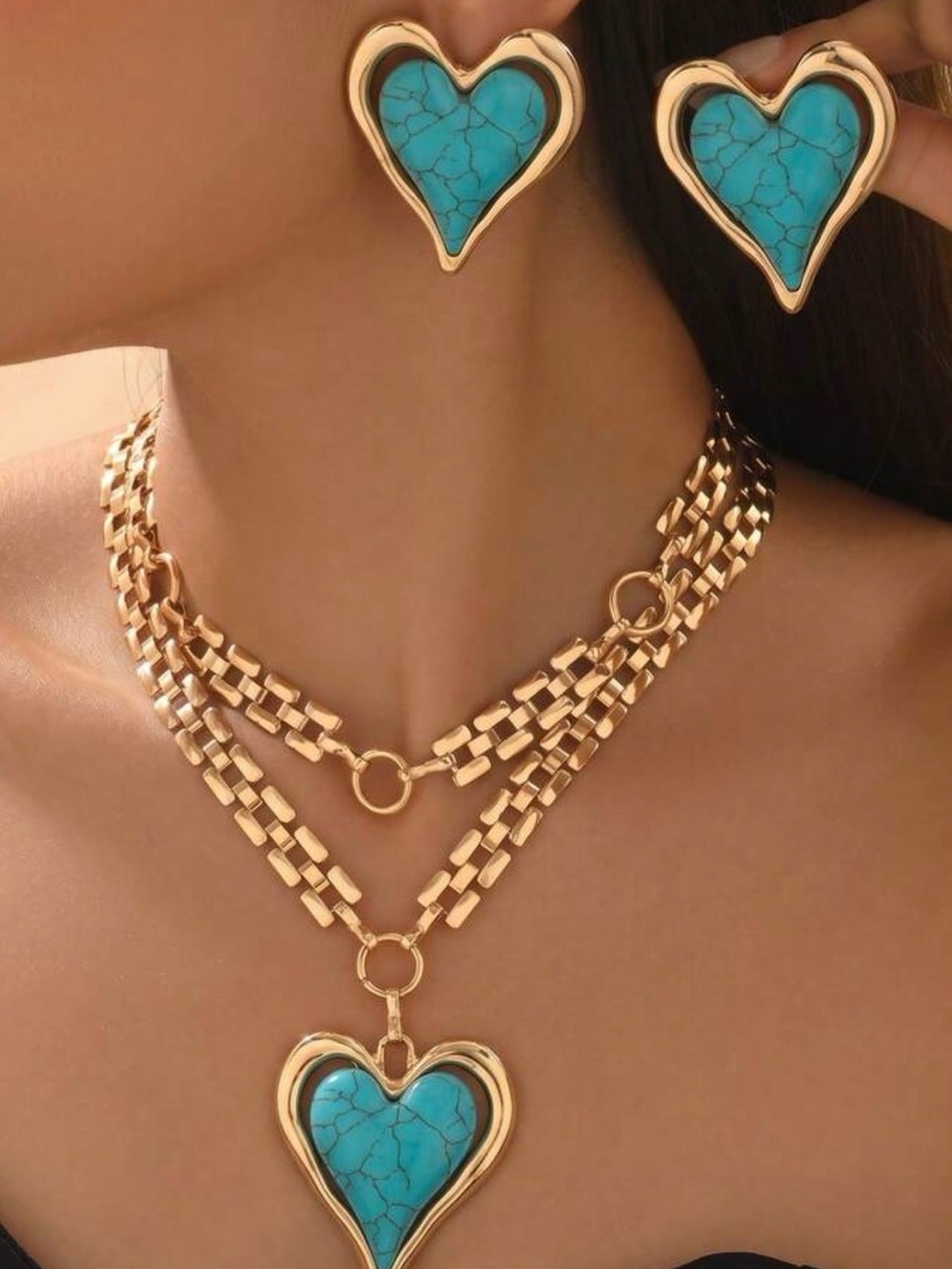 Gold Turquoise Heart Necklace & Earrings Set - Women's Jewelry